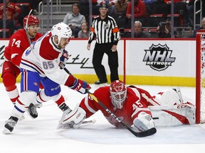 Canadiens' Andrew Shaw beats Wings backup goalie Jonathan Bernier for his third goal of the game Tuesday night in Detroit.