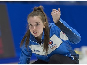 Quebec skip Gabrielle Lavoie directs the sweep as they play Nunavut at the Scotties Tournament of Hearts at Centre 200 in Sydney, N.S., on Saturday, Feb. 16, 2019.