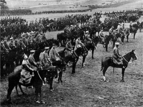 The 1st Canadian Expeditionary Force is reviewed by the King on Salisbury Plains on Feb. 4, 1915.