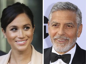 In this combo of photos, Britain's Meghan, The Duchess of Sussex, leaves after visiting the National Theatre in London, Jan. 30, 2019, left, and George Clooney arrives at the 46th AFI Life Achievement Award at the Dolby Theatre in Los Angeles on June 7, 2018, right. Clooney is frustrated by the way the media is treating Meghan Markle, comparing it to how the media covered Princess Diana. Clooney told reporters the American actress who became the Duchess of Sussex is "a woman who is seven months pregnant and she has been pursued and vilified and chased in the same way that Diana was and it's history repeating itself."