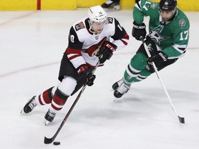 Arizona Coyotes centre Jordan Weal (10) skates with the puck against Dallas Stars centre Andrew Cogliano (17) during the first period of an NHL hockey game in Dallas on Feb. 4, 2019. The Montreal Canadiens acquired Weal from the Arizona Coyotes for fellow centre Michael Chaput.