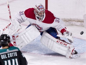 Canadiens goaltender Carey Price makes save during first period of NHL against the Anaheim Ducks at the Bell Centre in Montreal on Tuesday, Feb. 5, 2019.