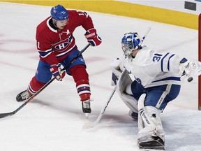 Montreal Canadiens' Brendan Gallagher (11) moves in on Toronto Maple Leafs goaltender Frederik Andersen during second period NHL hockey action in Montreal, Saturday, Feb. 9, 2019.