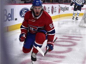 Canadiens forward Jonathan Drouin celebrates after scoring his second goal of the night at the Bell Centre Thursday night.