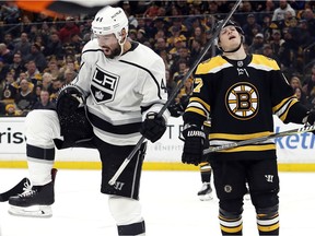 Los Angeles Kings centre Nate Thompson celebrates after scoring goal against the Bruins during NHL game in Boston on Saturday, Feb. 9, 2019.