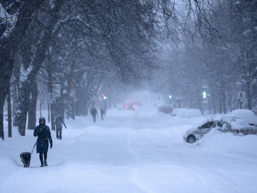 A woman walks her dog along a deserted street during a winter storm in Montreal Feb. 13, 2019.