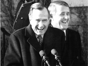 U.S. President George Bush and Canadian Prime Minister Brian Mulrony share a laugh during Bush's visit to Ottawa on Feb. 10, 1989. Photo by John Mahoney, Montreal Gazette.