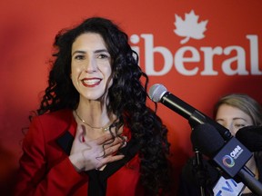 Liberal candidate Rachel Bendayan speaks at her election night party following her win in the federal byelection for the Outremont riding in Montreal on Monday, Feb. 25, 2019.