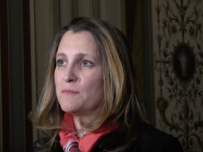 Chrystia Freeland is seen in this screen shot from Canadian Press video about her visit to Washington, D.C.