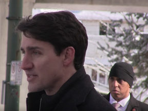 Screen grab from Canadian Press presser with Justin Trudeau speaking on SNC Lavalin.