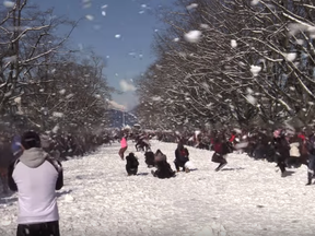 Screen shot from Vancouver Sun video about UBC snowball fight.