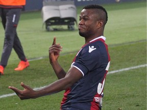 Bologna's Orji Okwonkwo celebrates after scoring during the Serie A soccer match between Bologna and Sampdoria, at the Renato Dall'Ara stadium in Bologna, Italy, Saturday, Nov. 25, 2017. The Montreal Impact have acquired Nigerian striker Okwonkwo on loan from Italian club Bologna FC 1909 for the 2019 season.