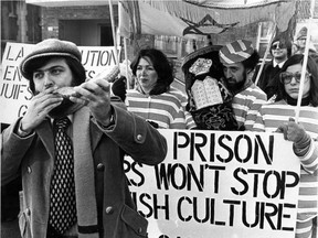 Montrealers demonstrate outside the Soviet consulate in support of Soviet Jews on Feb. 15, 1977. Left to right: Martin Penn, Barbara Stern, Stan Urman and Kandi Abelson, members of the Campaign for Soviet Jewry demand the release of Soviet dissident Naum Salansky, a physicist facing trial on a charge of defaming the Soviet Union. The sign says: USSR: Prison bars won't stop Jewish culture. Free Salansky.