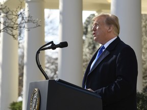 President Donald Trump speaks during an event in the Rose Garden at the White House in Washington, Friday, Feb. 15, 2019, to declare a national emergency in order to build a wall along the southern border.