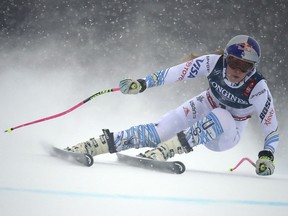 Lindsey Vonn speeds down the course during the downhill portion of the women's combined at the alpine ski World Championships in Are, Sweden on Friday, Feb. 8, 2019.