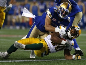 Blue Bombers defensive-back Taylor Loffler crushed Eskimos running-back John White during game in 2016. The newest addition to the Alouettes is a three-time CFL all-star.