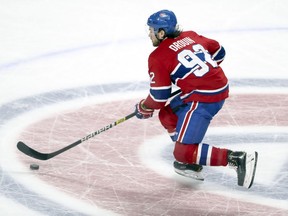Canadiens forward Jonathan Drouin carries the puck across centre ice  against the Florida Panthers at the Bell Centre in Montreal on Jan. 15, 2019.