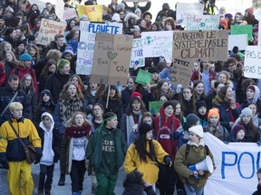 Students from around the city march through the Montreal streets demanding action on climate change on Friday, March 1, 2019.