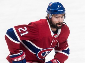 Montreal Canadiens center Nate Thompson (21) during the warmup prior to the NHL game against the Philadelphia Flyers at the Bell Centre in Montreal, on Thursday, February 21, 2019.  ORG XMIT: 61883