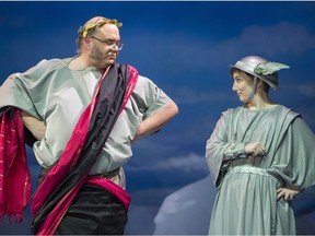 Kristie St. Martin as Mercury and Rob St. Martin as Thespis perform a scene from the Lakeshore Light Opera's interpretation of The Gilbert & Sullivan comic opera Thespis at Lakeside Academy in Lachine.