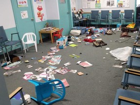 The West Island Assistant Fund offices were trashed by vandals, Feb. 11. They emptied cupboards and smashed the office's phones to smithereens. Photo courtesy of WIAF
