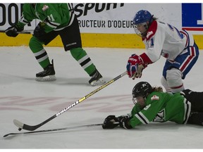 Les Canadiennes' Hilary Knight grabs the puck from a fallen Markam Thunder's Kristen Richards during CWHL semifinal action the Bell Sports Complex in Brossard on Saturday, March 9, 2019.