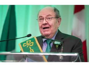 Father John Walsh speaks during the the 42nd annual Irishman of the Year breakfast in Montreal on Saturday, March 9, 2019.