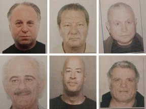 Top row, from left: Itcace Abramovici, Michael Dissos, Reouven Dreiblatt. Bottom row, from left: Konstantinos Filippas, Michael Pare, Sebastiano Joseph Torino. Dreiblatt was ordered detained, and the other five consented to being detained as the court decides on their extradition to the United States in a phone scam case.