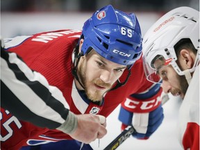 Canadiens forward Andrew Shaw gets ready for a faceoff during NHL game against the Detroit Red Wings at the Bell Centre in Montreal on March 12, 2019.