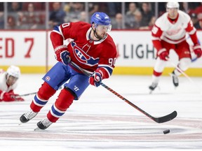 Montreal Canadiens' Tomas Tatar advances the puck past centre ice during first period against the Detroit Red Wings in Montreal on March 13, 2019.