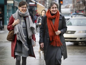 Leslie Raenden, right, stepdaughter of Peter N. Thomson, and Rebecca Duclos, dean of the Faculty of Fine Arts at Concordia University walk to Duclos's office March 14, 2019.  Leslie has made a seven-figure donation to the school's fine arts program on behalf of her dead stepfather.