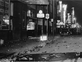 The photo shows debris left on Ste-Catherine St., March 17, 1955 after riots over the suspension of Montreal Canadiens star Maurice Richard.