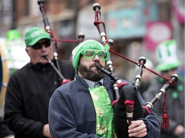 Members of the Kingston Police Pipe Band perform during the St. Patrick's Day Parade in Montreal on Sunday, March 17, 2019.