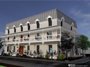 A drawing of a restored Pioneer building, which is an alternative solution being proposed by a new citizens group opposed to its demolition. The bar's owner, Diane Marois, sold the property to a developer in January. (Image courtesy of The Heart of Pointe-Claire)