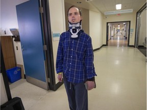 Andrew Swidzinski, walks in the hallway of the Rehabilitation Institute Gingras-Lindsay de Montreal. Swidzinski, a notary and community activist, contracted a rare virus last August. Despite his health problems, he continues to fight demolition and condo plans for the former Pioneer bar.