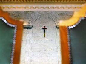 The crucifix in the council chamber at City Hall in Montreal Wednesday March 20, 2019. Mayor Valerie Plante announced Wednesday that the crucifix won't be put back up once planned renovations to the chamber are completed.
