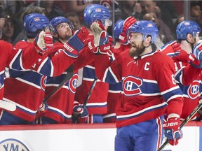 Montreal Canadiens captain Shea Weber celebrates his goal against the New York Islanders during second period of National Hockey League game in Montreal Thursday March 21, 2019.