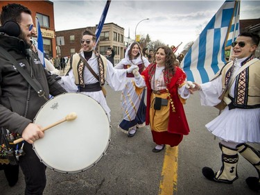 Members of the Troupe Syrtaki dance a traditional Greek dance during celebrations at the Hellenic Community of Greater Montreal's annual Greek Independence Day Parade in Montreal, on Sunday, March 24, 2019.