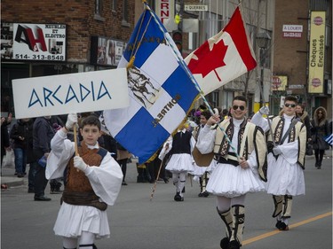 MONTREAL, QUE.: MARCH 24, 2019 --  Members of the the Hellenic Community of Greater Montreal march along Rue Jean Talon during the annual Greek Independence Day Parade in Montreal, on Sunday, March 24, 2019. (Peter McCabe / MONTREAL GAZETTE) ORG XMIT: 62298