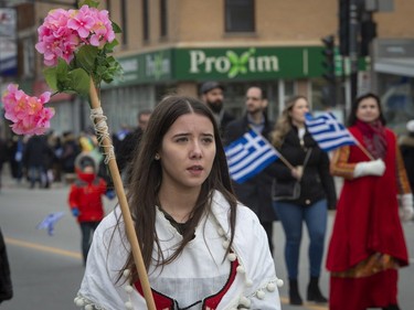 MONTREAL, QUE.: MARCH 24, 2019 --  Members of the the Hellenic Community of Greater Montreal march along Rue Jean Talon during the annual Greek Independence Day Parade in Montreal, on Sunday, March 24, 2019. (Peter McCabe / MONTREAL GAZETTE) ORG XMIT: 62298