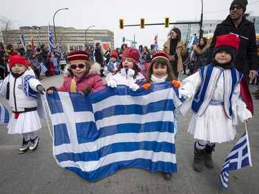 MONTREAL, QUE.: MARCH 24, 2019 --  Young members of the the Hellenic Community of Greater Montreal march along Rue Jean Talon during the annual Greek Independence Day Parade in Montreal, on Sunday, March 24, 2019. (Peter McCabe / MONTREAL GAZETTE) ORG XMIT: 62298