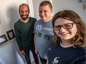 Sam Benamron, who owns physiotherapy and occupational therapy clinics, has hired three young people with disabilities to work in his clinics. From left: Benamron, Paul Fernandes and Ainslie Macdonald.