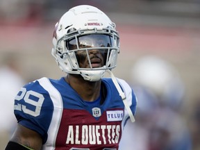 Montreal Alouettes defensive-back Jermaine Robinson takes part in the pre-game warmup before facing the Toronto Argonauts in Montreal on Aug. 24, 2018.