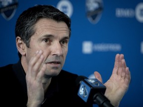 Montreal Impact Head coach Remi Garde speaks to the media in Montreal on Nov. 1, 2018.