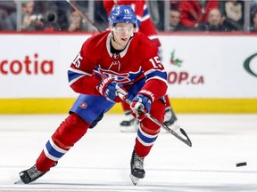 Canadiens' Jesperi Kotkaniemi passes the puck during third period against the Washington Capitals in Montreal on Nov. 19, 2018.