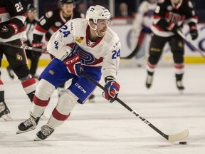 Laval Rocket centre Daniel Audette comes down the right wing against the Belleville Senators during 1st period AHL action at Place Bell in Laval on Nov. 28, 2018.