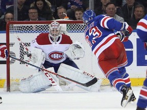 Canadiens' Carey Price waits for a shot from Rangers' Connor Brickley Friday night at Madison Square Garden in New York. Price made 28 saves in Montreal's 4-2 win.