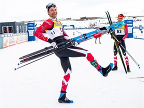 Alex Harvey of Canada celebrates in the finish area after finishing in second place in the Men's 15km classic mass start during the FIS Cross Country Ski World Cup Final on March 23, 2019 in Quebec City, Canada.