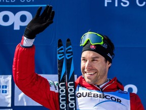 QUEBEC CITY, CANADA - MARCH 24: Alex Harvey of Canada on the podium after finishing in second place in the Men's 15km freestyle pursuit during the FIS Cross Country Ski World Cup Final on March 24, 2019 in Quebec City, Canada.