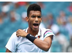 Montrealer Félix Auger-Aliassime reacts against American John Isner in the semi-final during Day 12 of the Miami Open on March 29, 2019, in Miami Gardens, Fla.